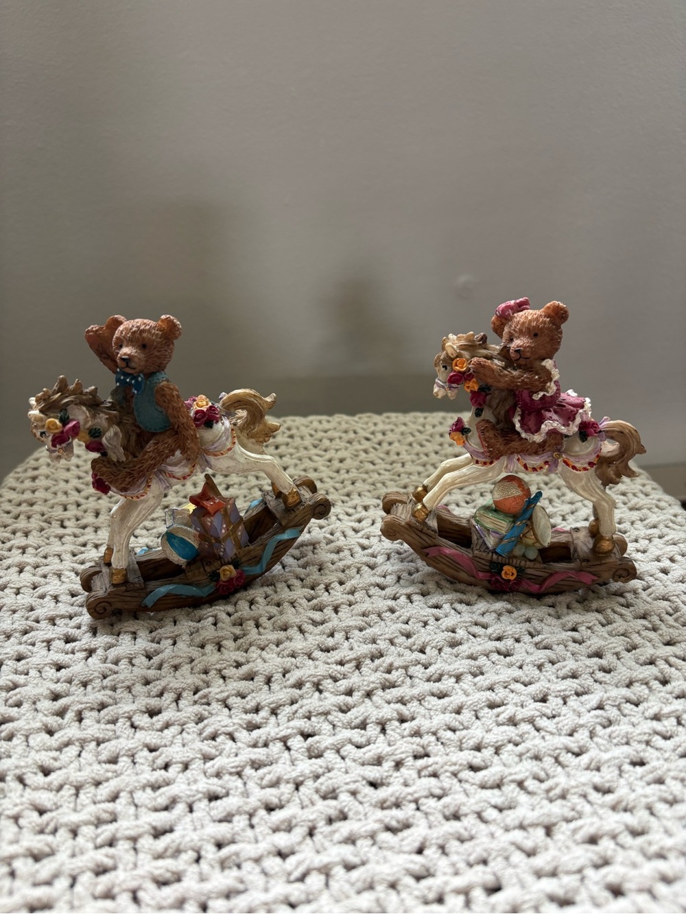 Set of Two Teddy Bears on Cream Rocking Horses